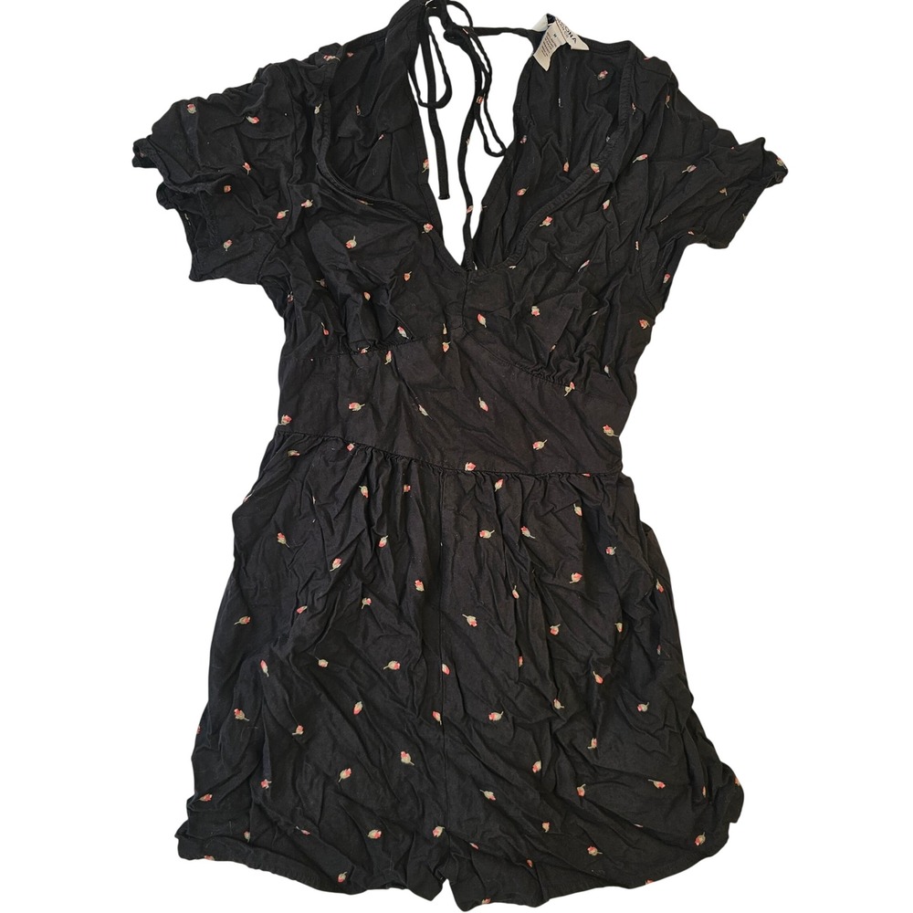 Arizona Jean Co Black Floral V-Neck Tie Back Romper Medium